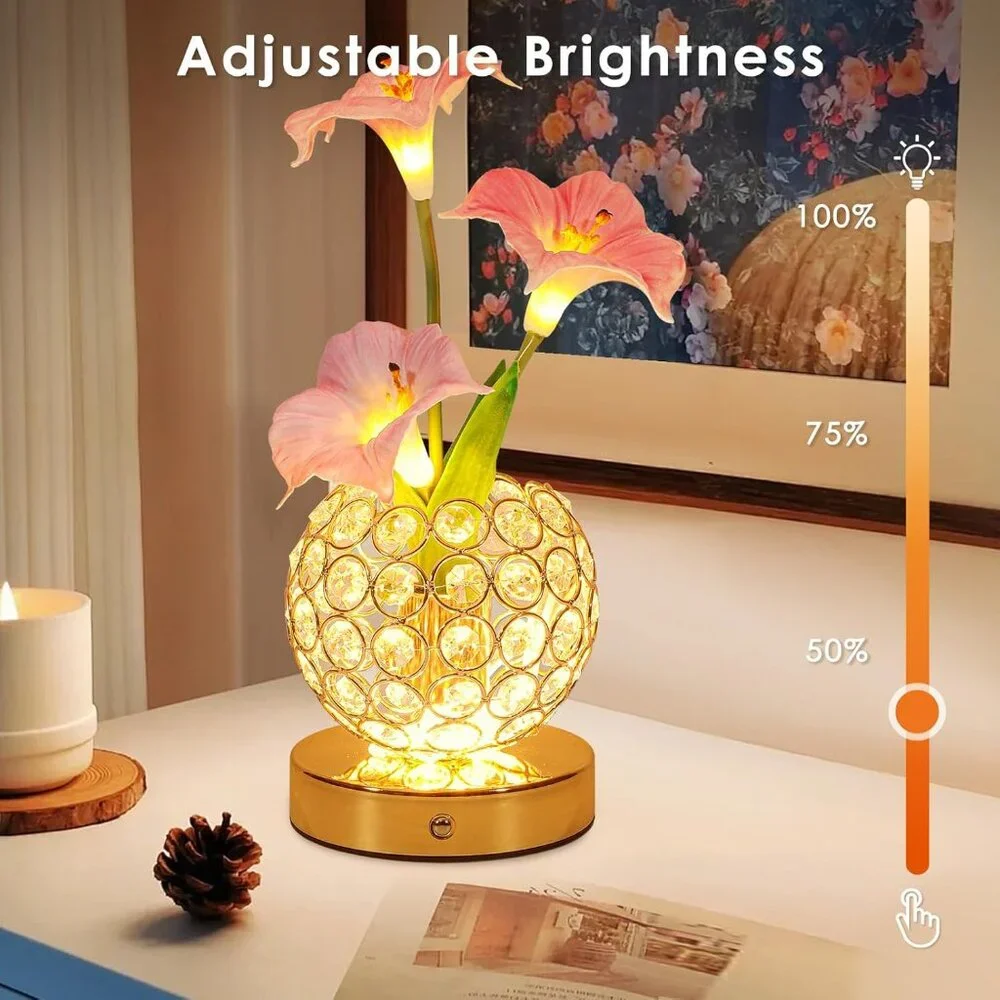 Pink Artificial Flower Rechargeable Morning Crystal Touch Glory Table Lamp Decor